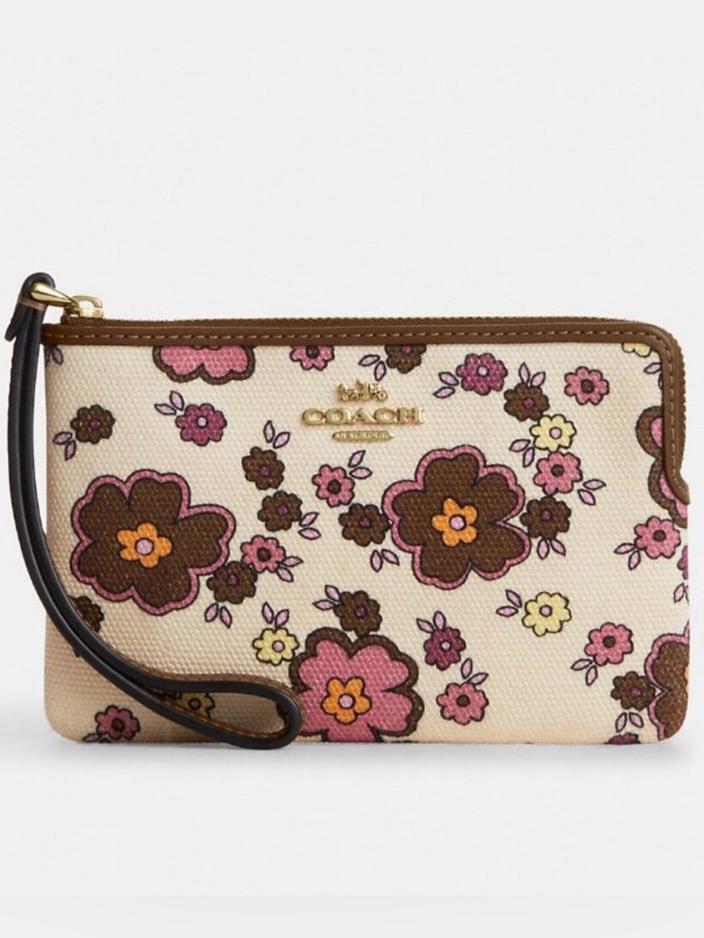 COACH Floral Canvas Wristlet in Cream, Pink & Brown